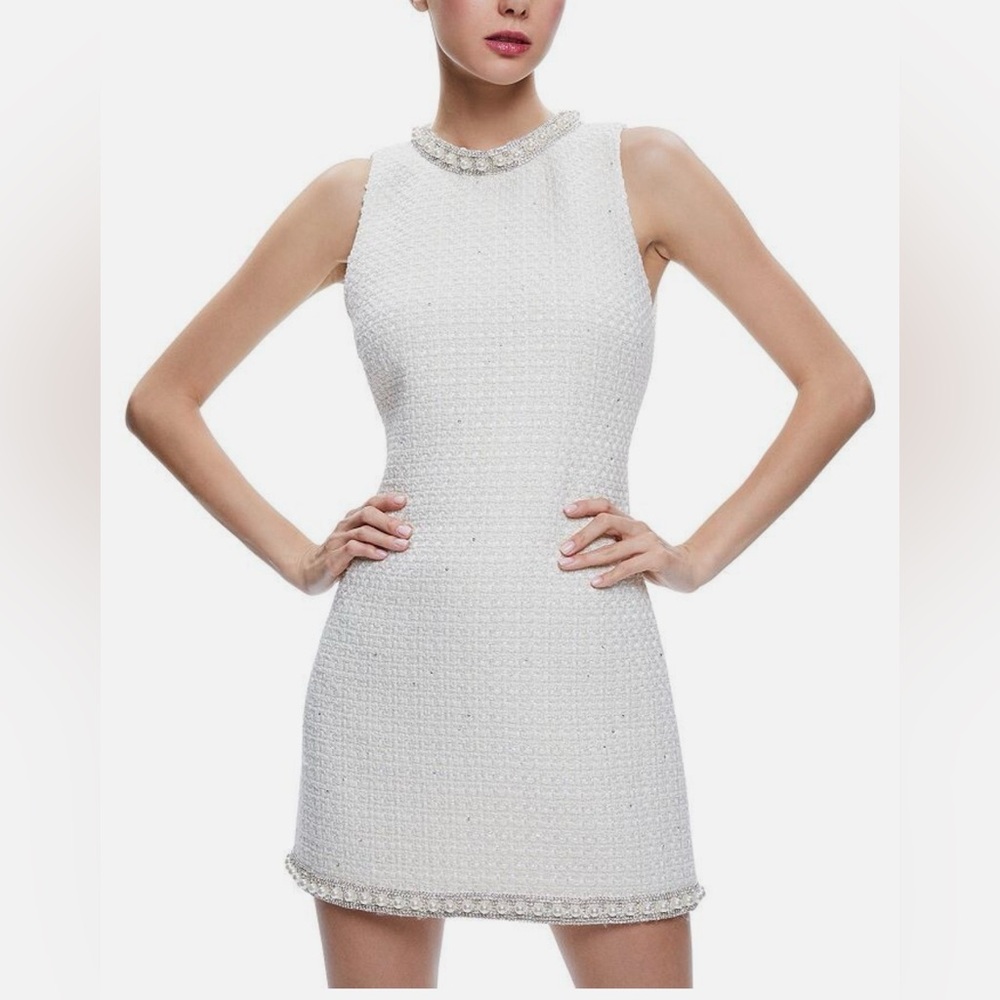 Alice + Olivia Coley White Tweed Boucle Rhinestone Pearl Mini Dress (NWT)